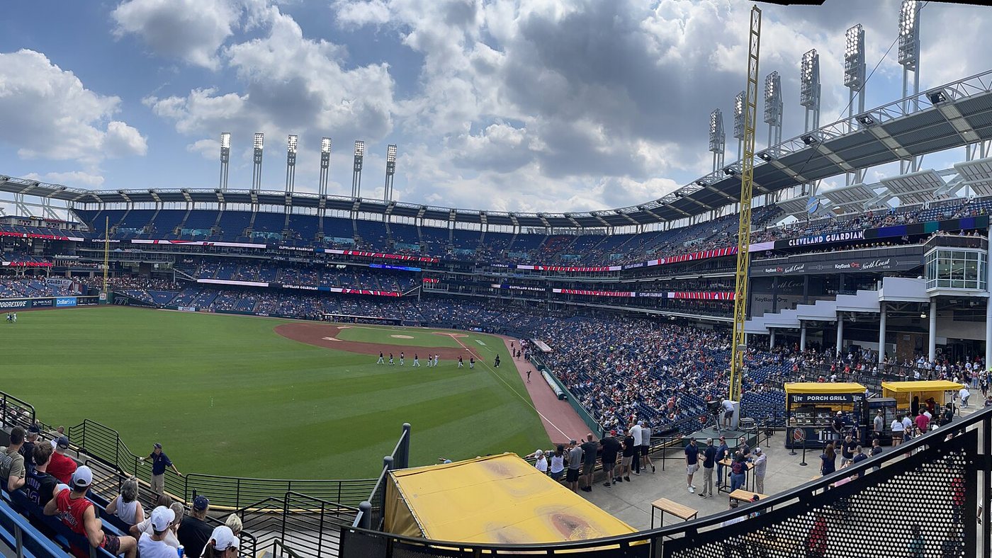 Progressive Field in Cleveland during a Guardians home game, where the Guardians moneyline against the White Sox is decided