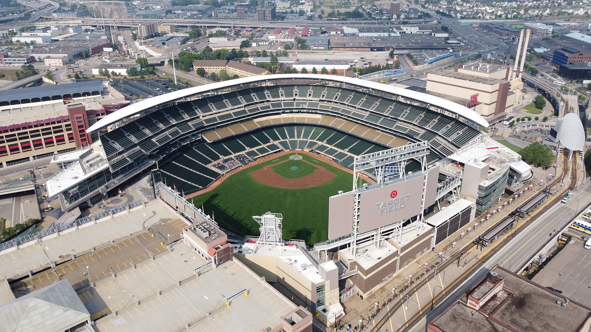 Aerial view of Target Field in Minneapolis, where the Yankees face the Twins with Max Fried starting